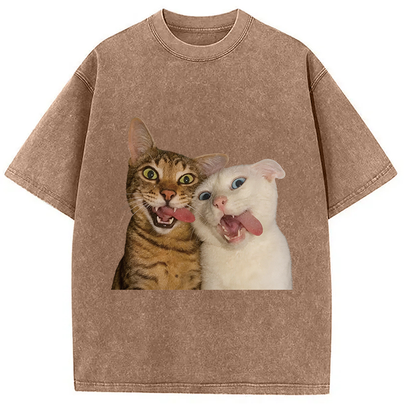 Modecanvas Funny Cat Tongue Out DTG Printing Washed T-Shirt