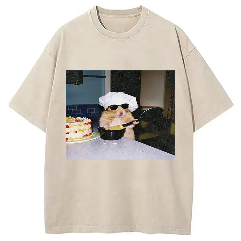 Modecanvas Vintage Chef Hamster Cooking Meme DTG Printing Washed T-Shirt