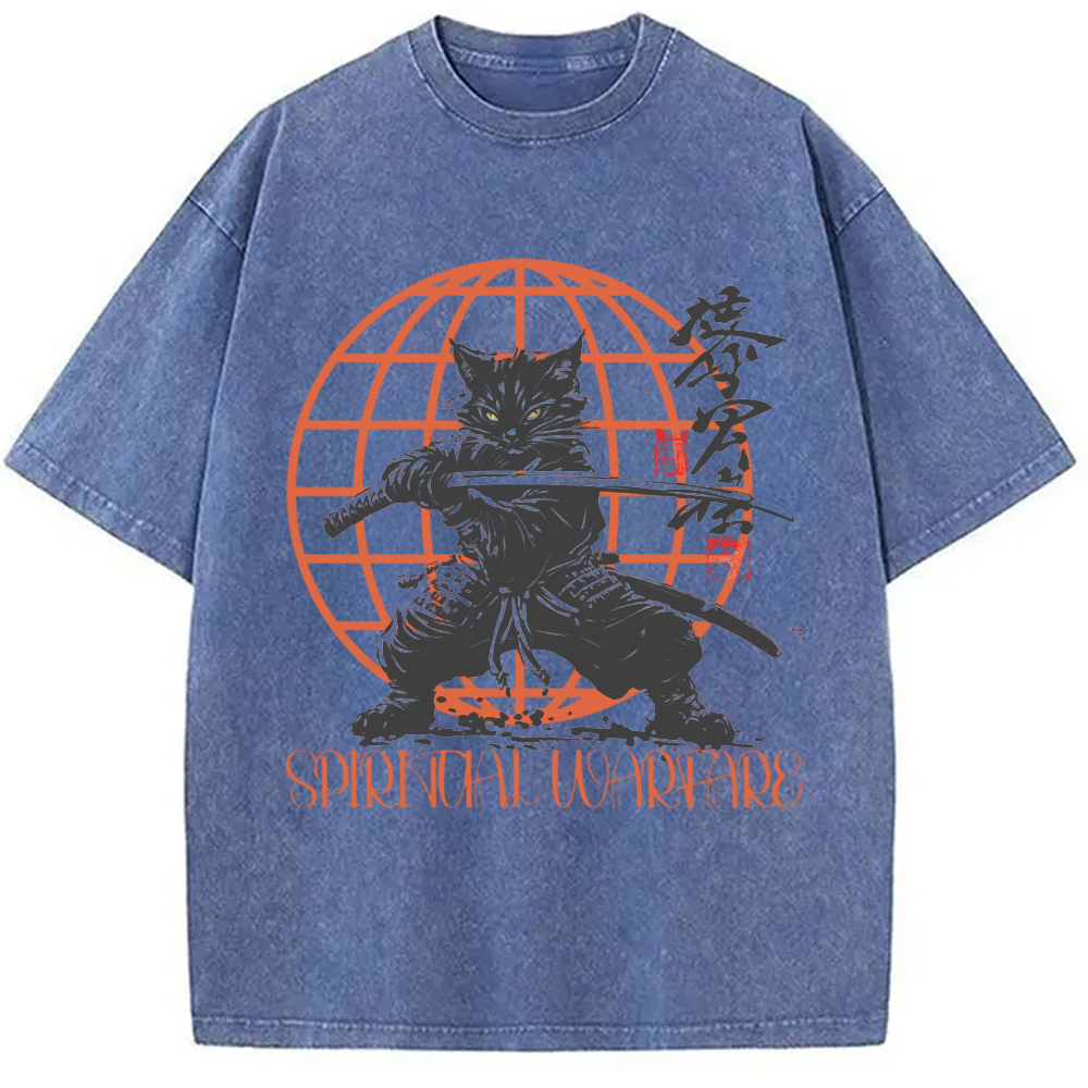 Modecanvas Samurai Cat Spiritual Warfare Washed T-Shirt