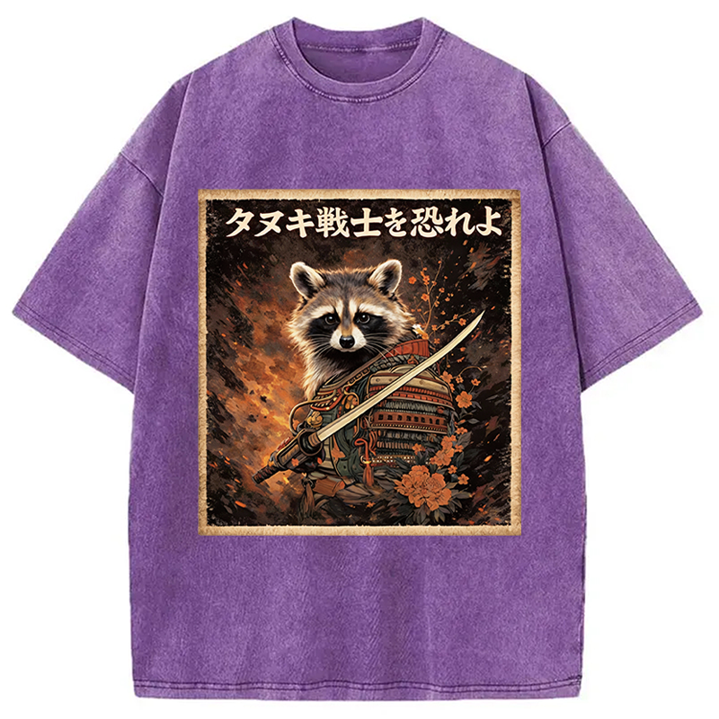 Modecanvas Japanese Raccoon Samurai Funny DTG Printing Washed T-Shirt