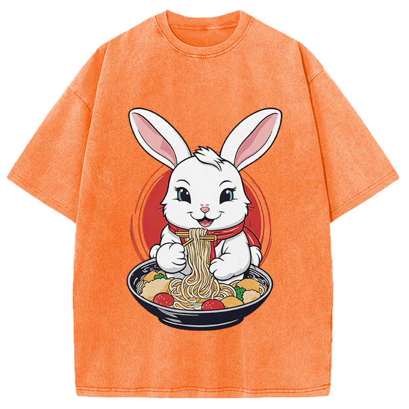 Modecanvas Cute Kawaii Rabbit Eating Ramen DTG Printing Washed T-Shirt