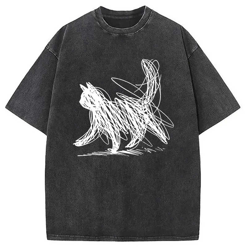 Modecanvas Minimalist Cat Art Washed T-Shirt-modecanvas