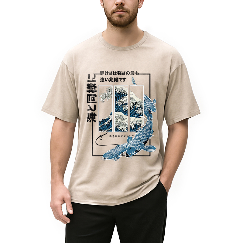Modecanvas Japanese Koi Fish Great Wave DTG Printing Washed T-Shirt