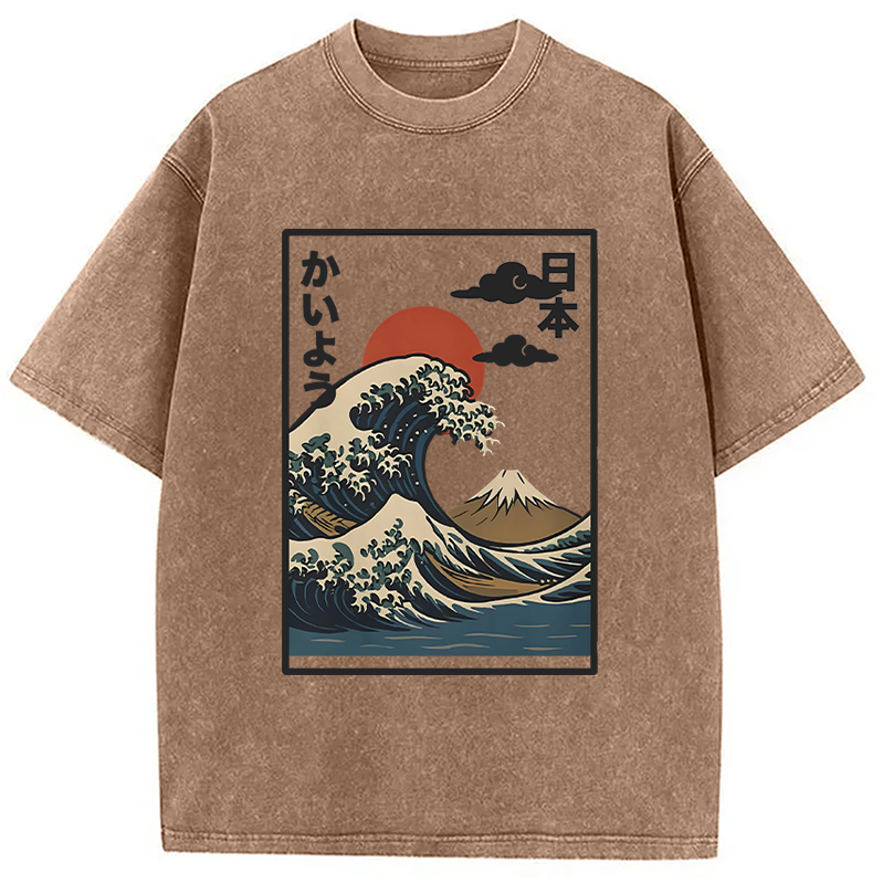 Modecanvas Ocean Wave Sun Japan Washed T-Shirt