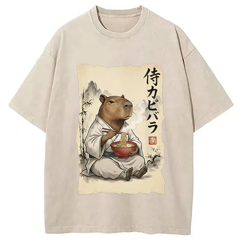 Modecanvas Funny Capybara Ramen DTG Printing Washed T-Shirt