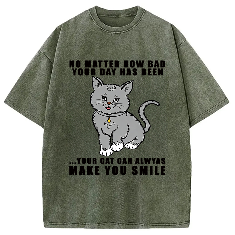 Modecanvas Funny Cat Make You Smile DTG Printing Washed T-Shirt