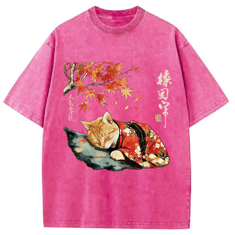 Modecanvas Kimono Neko Art DTG Printing Washed T-Shirt-modecanvas
