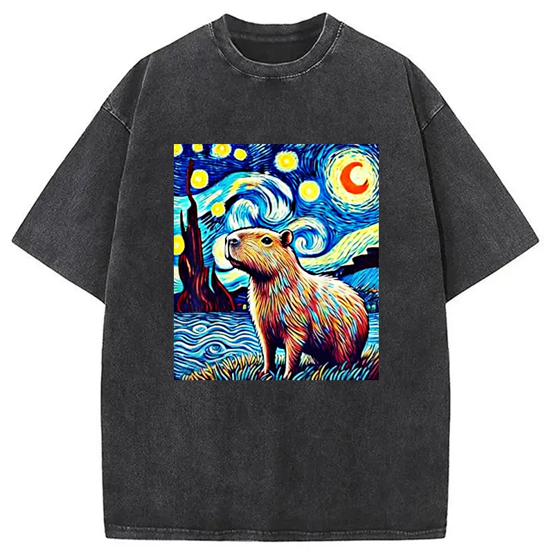 Modecanvas Capybara Starry Night Light Washed T-Shirt