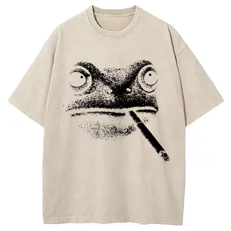 Modecanvas Vintage Smoking Frog DTG Printing Washed T-Shirt