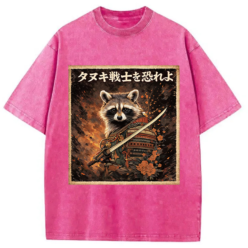 Modecanvas Japanese Raccoon Samurai Funny DTG Printing Washed T-Shirt