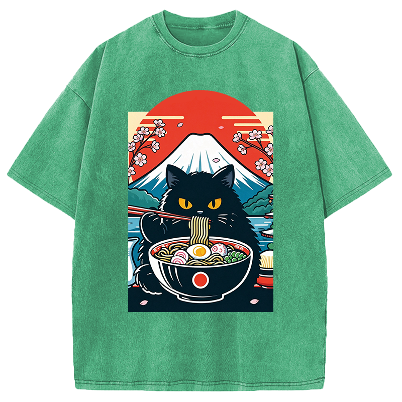 Modecanvas Black Cat Having Ramen Mount Fuji DTG Printing Washed T-Shirt