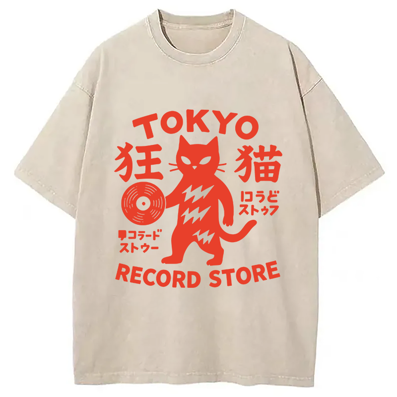 Modecanvas Tokyo Record Store Cat DTG Printing Washed T-Shirt