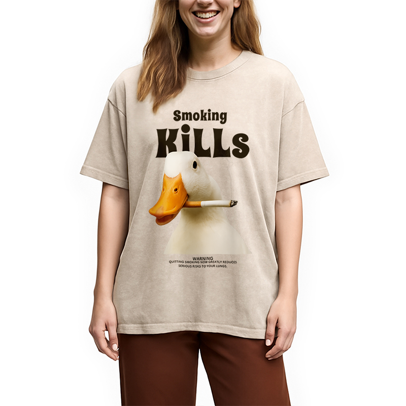 Modecanvas Goose Smoking Funny Meme  Washed T-Shirt-modecanvas