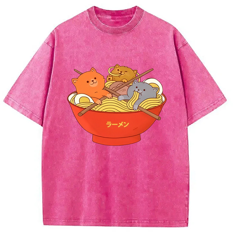 Modecanvas Cute Cat Ramen Washed T-Shirt