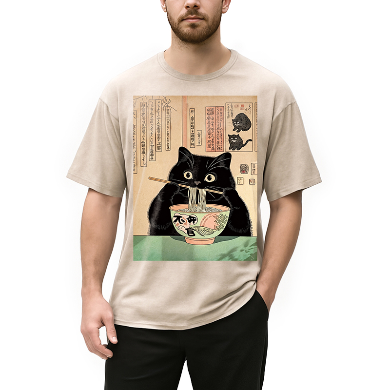 Modecanvas Black Cat Eating Noodles Washed T-Shirt