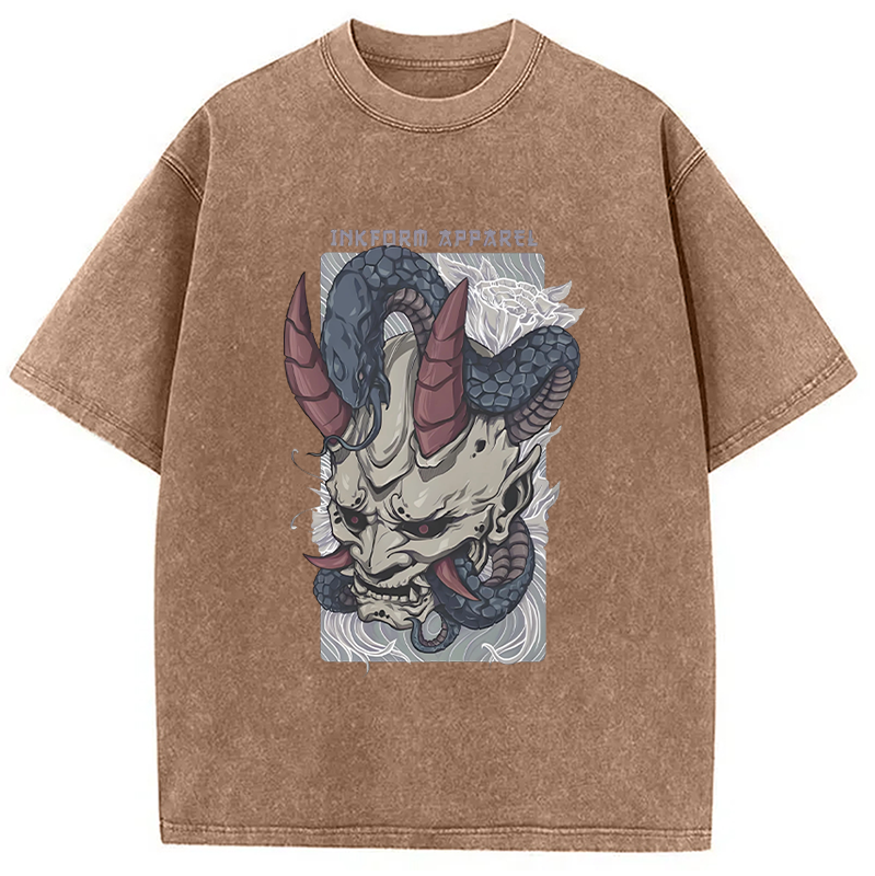 Modecanvas White Oni Mask with Snake Washed T-Shirt