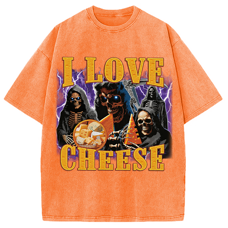 Modecanvas I Love Cheese Funny Skeleton Meme DTG Printing Washed T-Shirt
