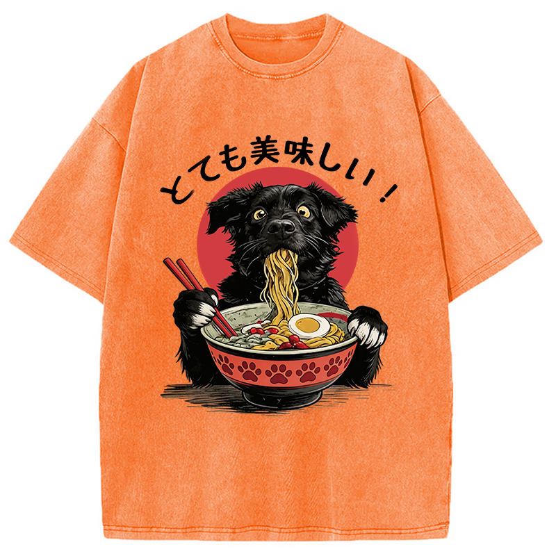Modecanvas Dog Eating Ramen Joyfully DTG Printing Washed T-Shirt