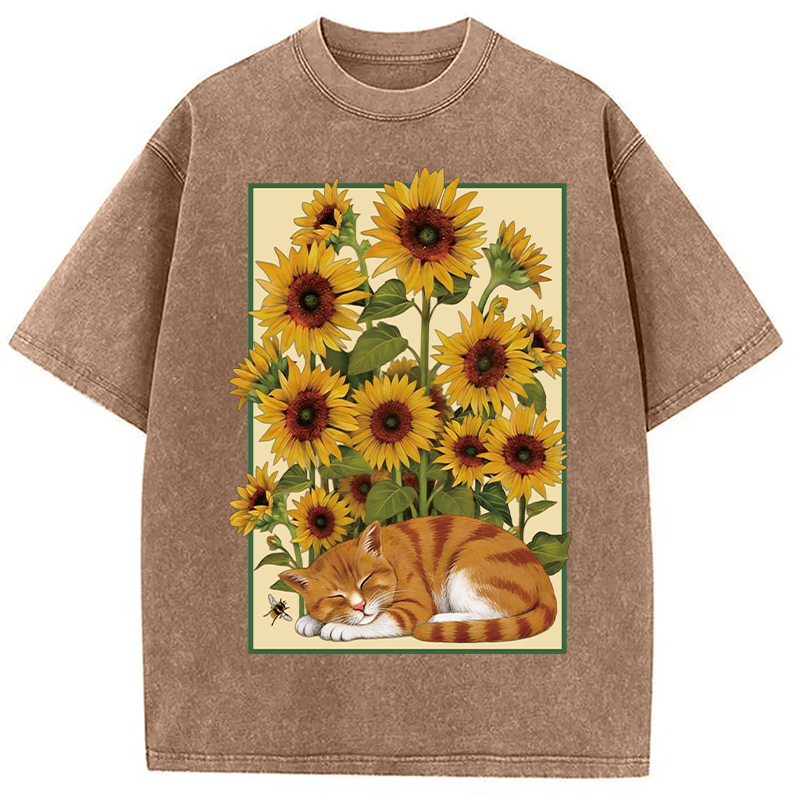 Modecanvas Sunflower Orange Cat Washed T-Shirt-modecanvas