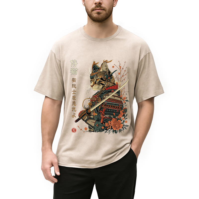 Modecanvas Japanese Samurai Cat DTG Printing Washed T-Shirt-modecanvas