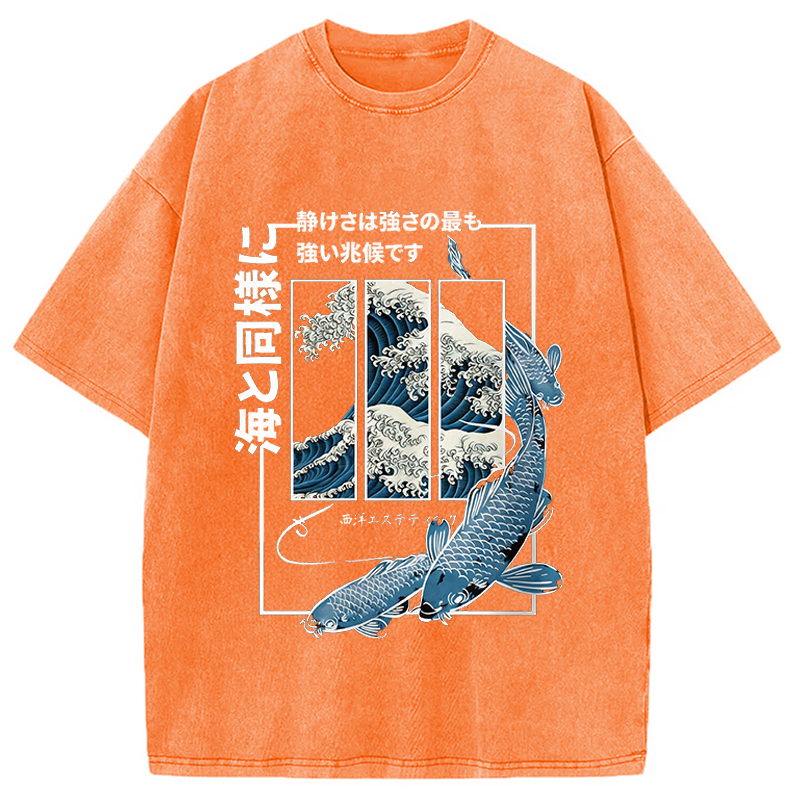 Modecanvas Japanese Koi Fish Great Wave DTG Printing Washed T-Shirt
