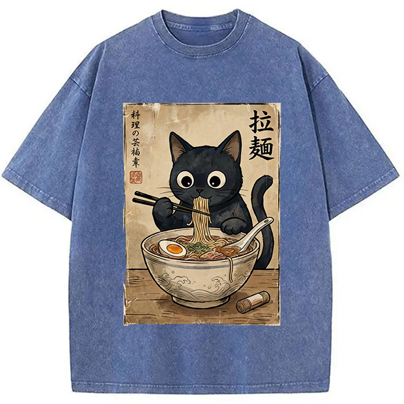 Modecanvas Kawaii Ramen Cat Retro DTG Printing Washed T-Shirt