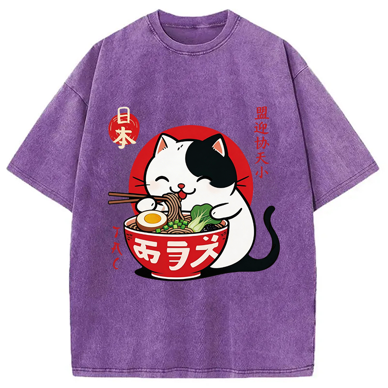 Modecanvas Japanese Ramen Cat DTG Printing Washed T-Shirt