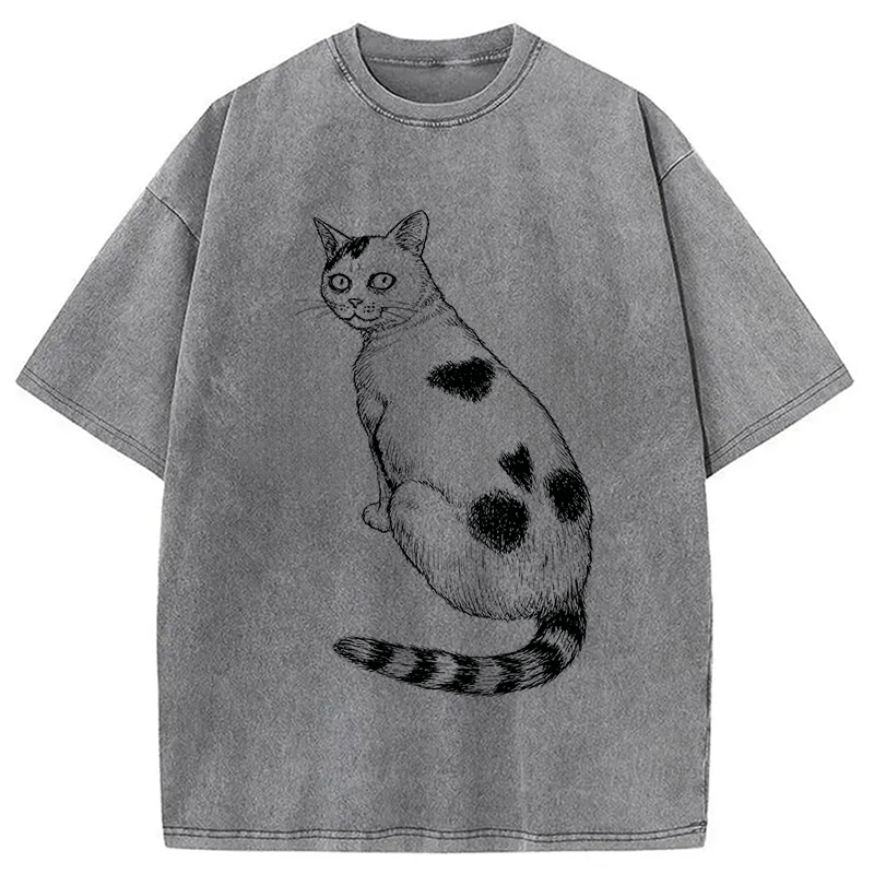 Modecanvas Horror Cat DTG Printing Washed T-Shirt-modecanvas