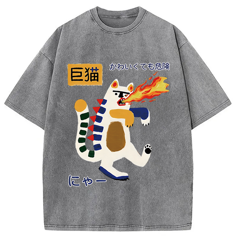 Modecanvas Fire-breathing Giant Cat DTG Printing Washed T-Shirt