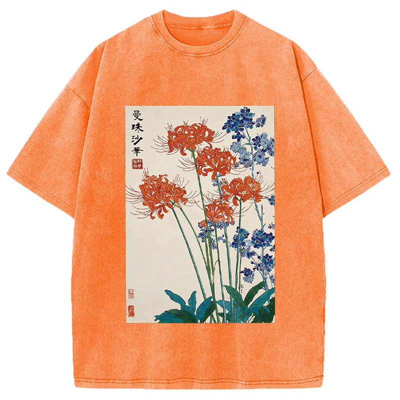 Modecanvas Red Spider Lily Bloom DTG Printing Washed T-Shirt