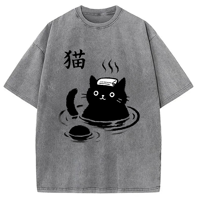 Modecanvas Cat Bathing In Hot Spring Washed T-Shirt