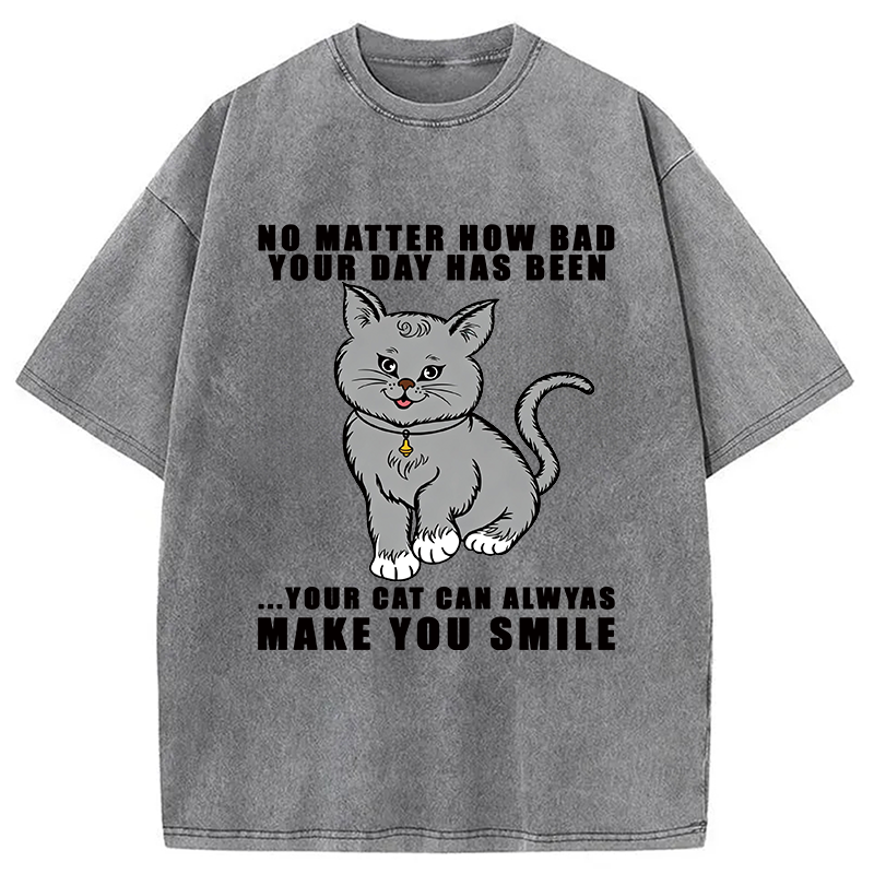 Modecanvas Funny Cat Make You Smile DTG Printing Washed T-Shirt