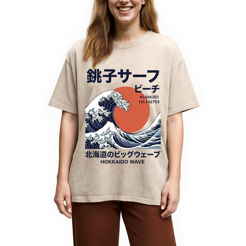 Modecanvas Hokkaido Wave Poster DTG Printing Washed T-Shirt