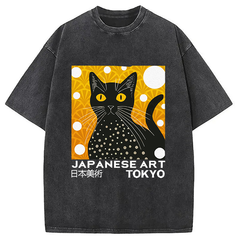 Modecanvas Black Cat Janpanese Art Washed T-Shirt