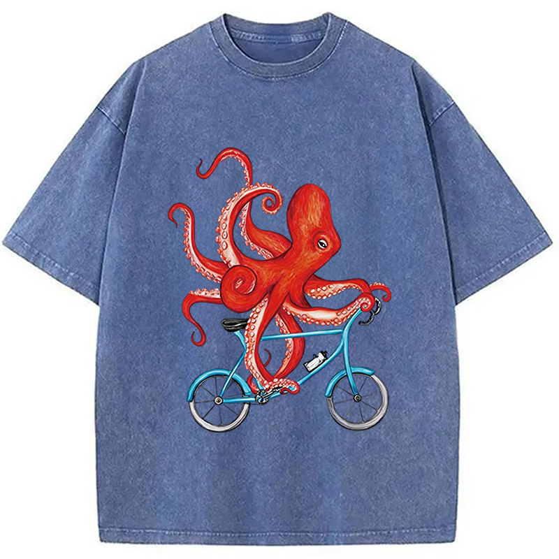 Modecanvas Octopus On A Bicycle Parody Meme DTG Printing Washed T-Shirt-modecanvas