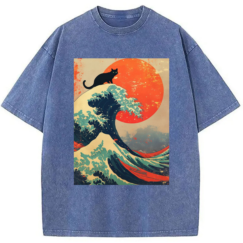 Modecanvas Black Cat On Great Wave Washed T-Shirt