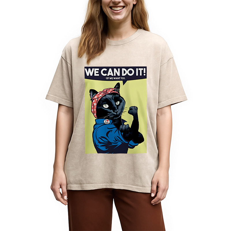 Modecanvas We Can Do It Moew Black Cat Washed T-Shirt