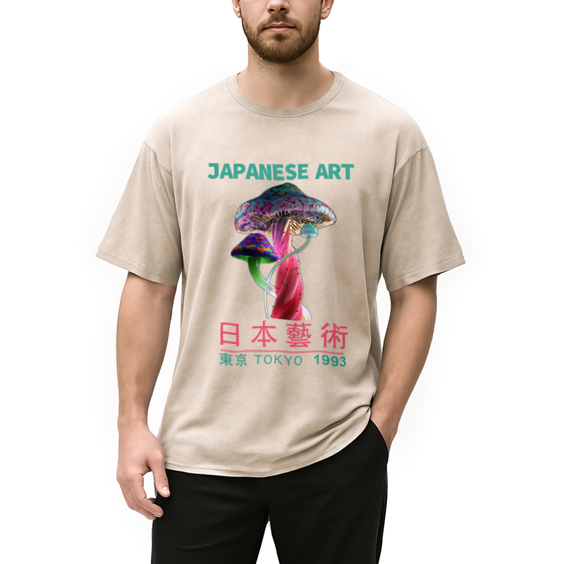Modecanvas Psychedelic Mushrooms Japanese Art Washed T-Shirt