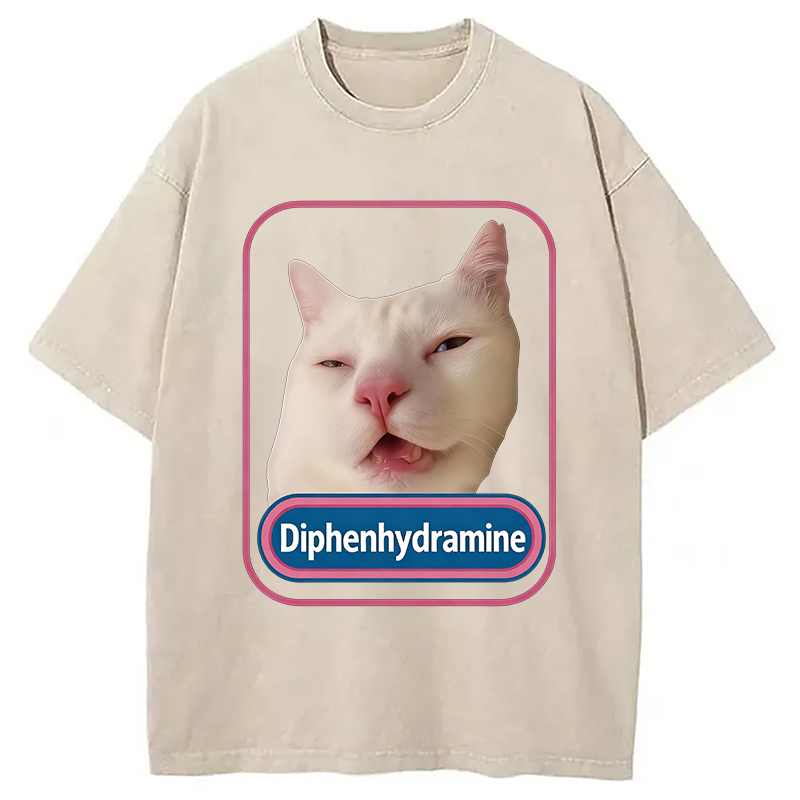 Modecanvas Funny Diphenhydramine Meme Cat Washed T-Shirt-modecanvas