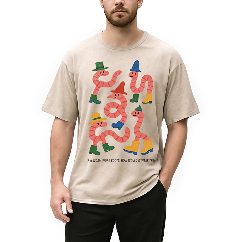 Modecanvas Whimsical Worms In Boots DTG Printing Washed T-Shirt