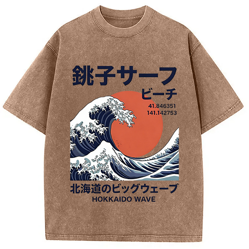 Modecanvas Hokkaido Wave Poster DTG Printing Washed T-Shirt