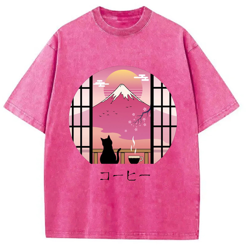 Modecanvas Mount Fuji Black Cat Tea Washed T-Shirt
