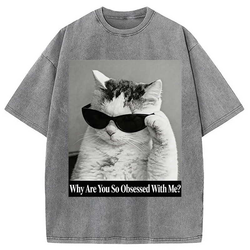 Modecanvas Why Are You So Obsessed WIth Me? Cat Meme DTG Printing Washed T-Shirt