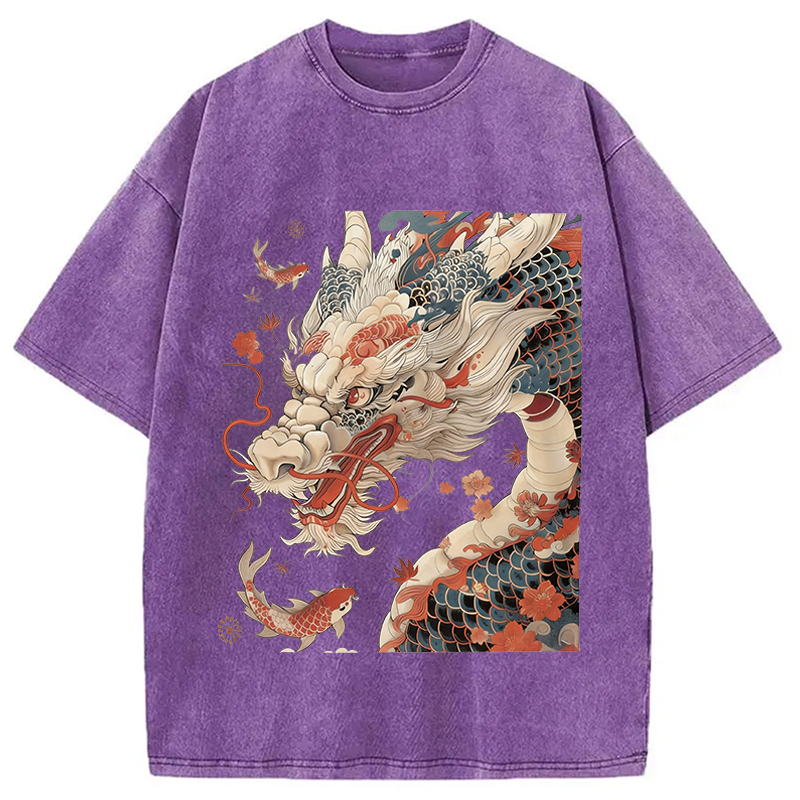 Modecanvas Dragon Koi Fish DTG Printing Washed T-Shirt