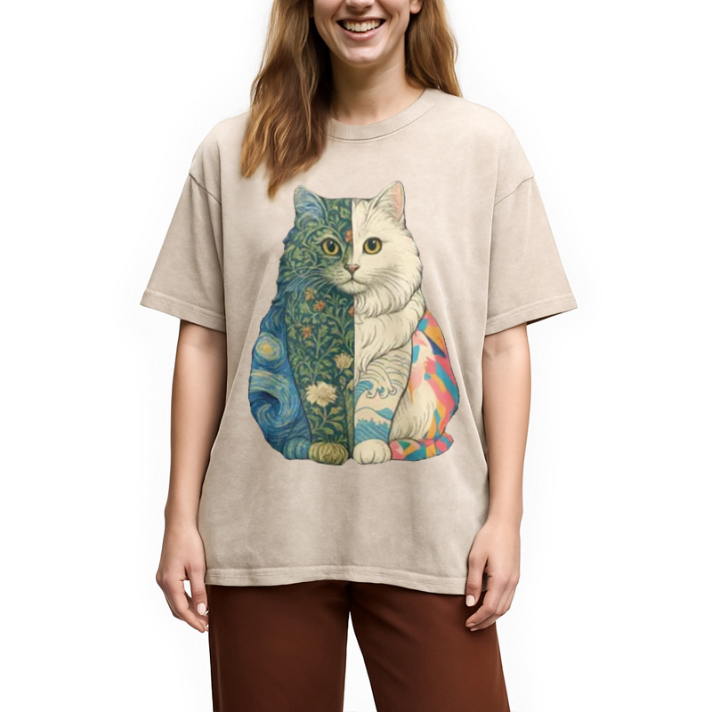 Modecanvas Van Gogh Art Cat Washed T-Shirt