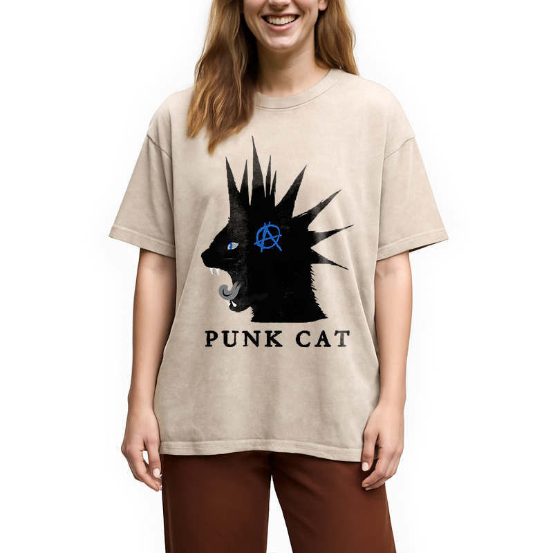 Modecanvas Punk Cat Funny Washed T-Shirt