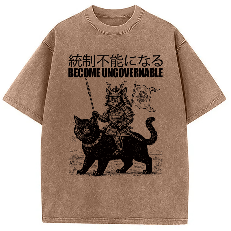 Modecanvas Become Ungovernable Japanese Funny Cat Samurai Riding A Cat DTG Printing Washed T-Shirt-modecanvas