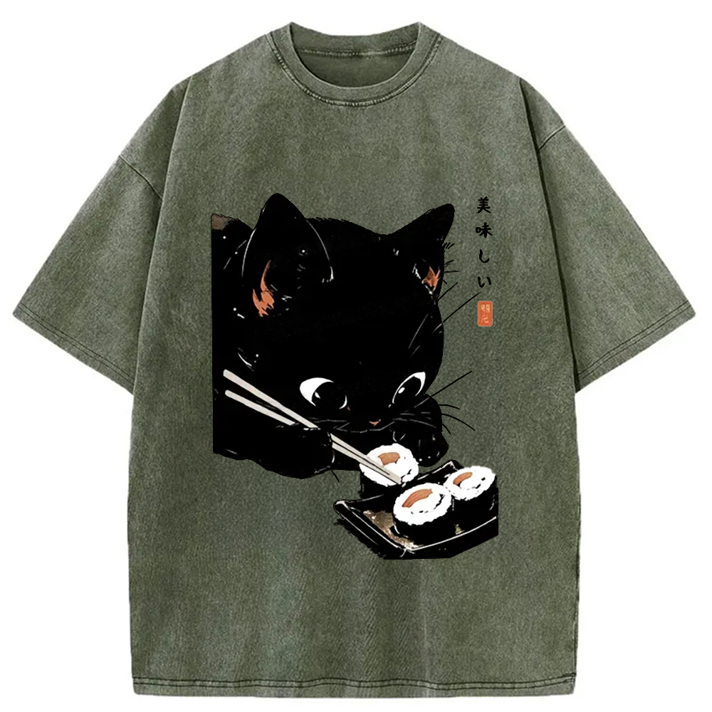 Modecanvas Cat Eating Rice Balls Washed T-Shirt