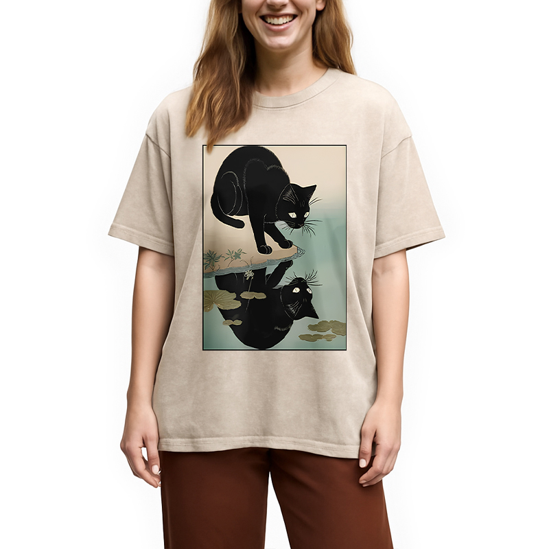 Modecanvas Cat Drinking River Water Washed T-Shirt