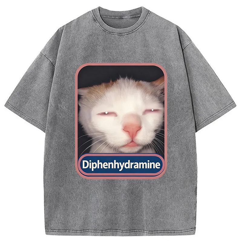 Modecanvas Diphenhydramine Cat Meme Washed T-Shirt-modecanvas
